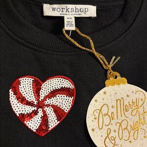 WORKSHOP NWT LONG sleeve heart shaped sequined red and white peppermints